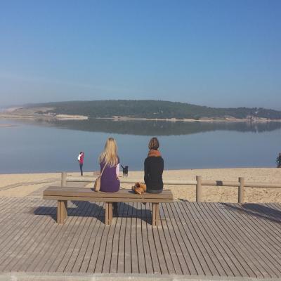 a person sitting on a bench next to a body of water