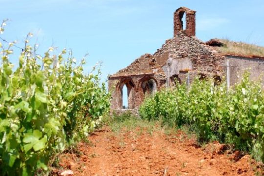 a dirt path next to a brick building