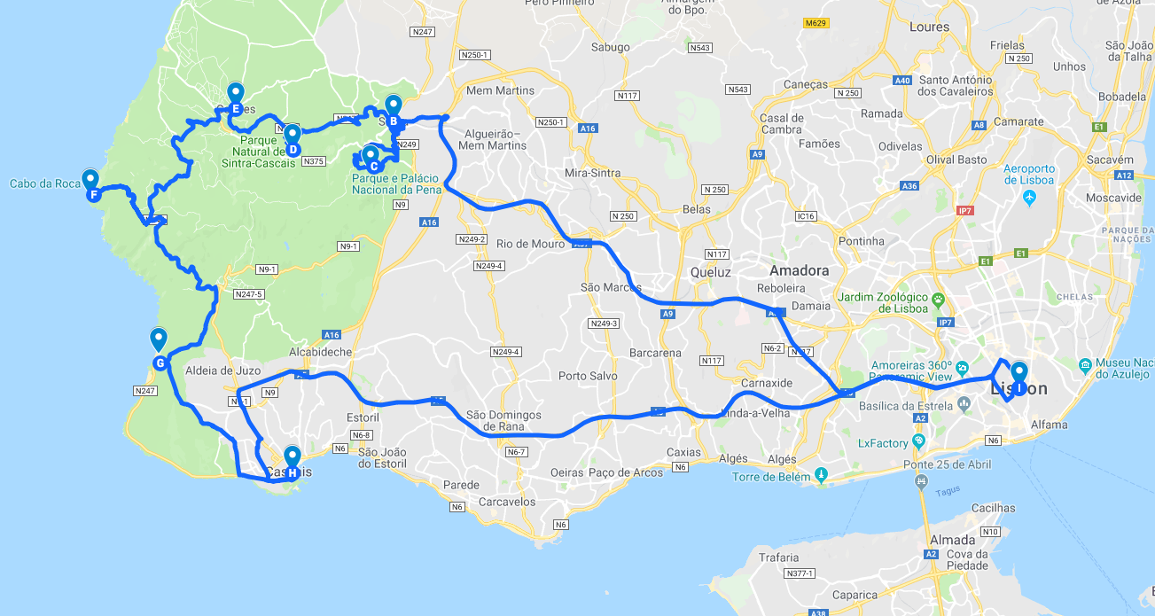 map of the itinerary of the sintra beach tour