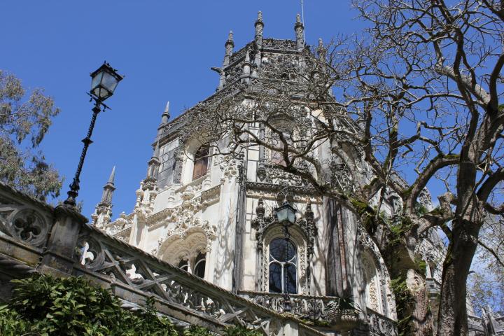 a large clock tower in the background