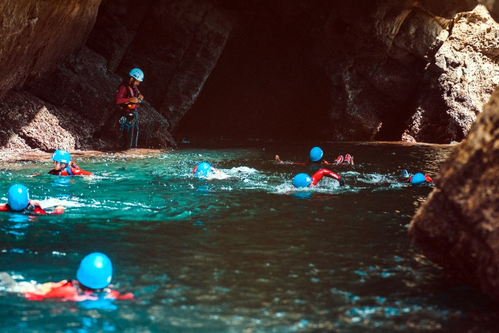 a group of people in the water