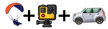 Paraglider, action camera, and small car emojis in a row.