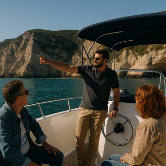 Three people on a boat with a rocky coastline in the background.