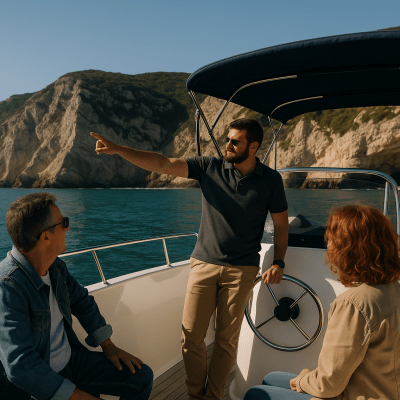 Three people on a boat with a rocky coastline in the background.