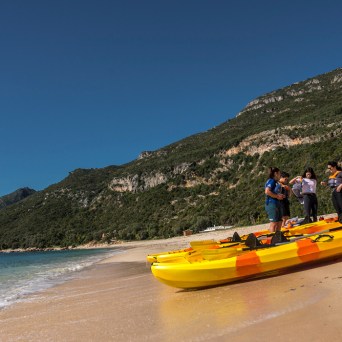 Group on beach with kayaks, rocky hills and clear blue sky in background.