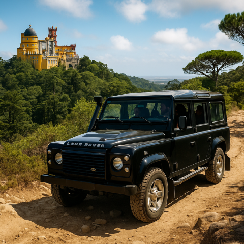 Black Land Rover on a dirt path with a yellow castle in the background, surrounded by green trees.