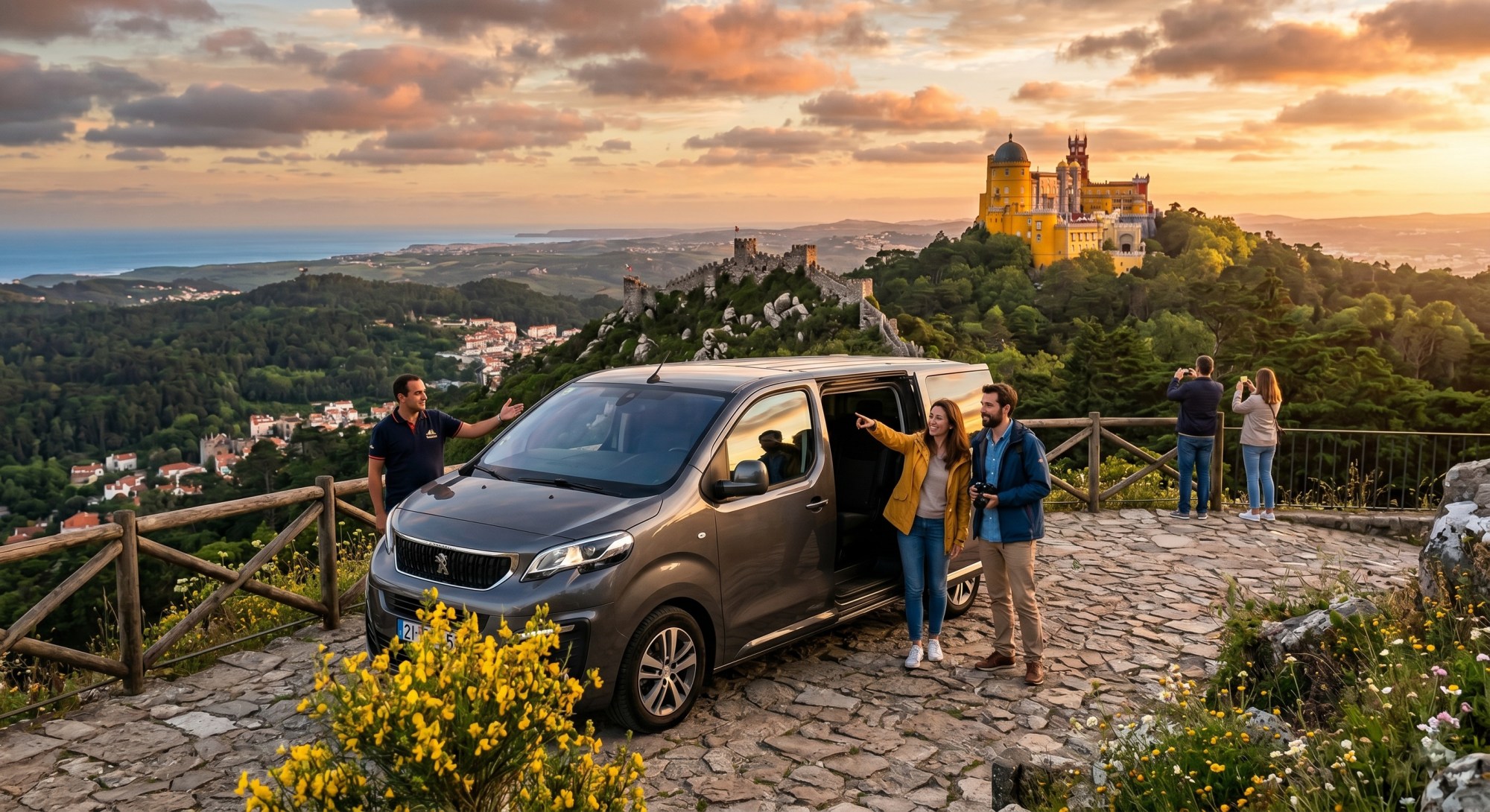 People beside a van admire a hilltop palace at sunset.