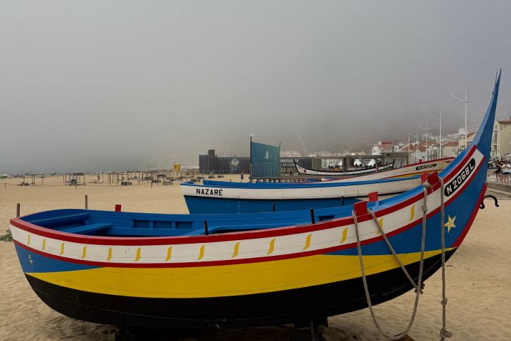 Traditional fishing boat on the beach in Nazaré
