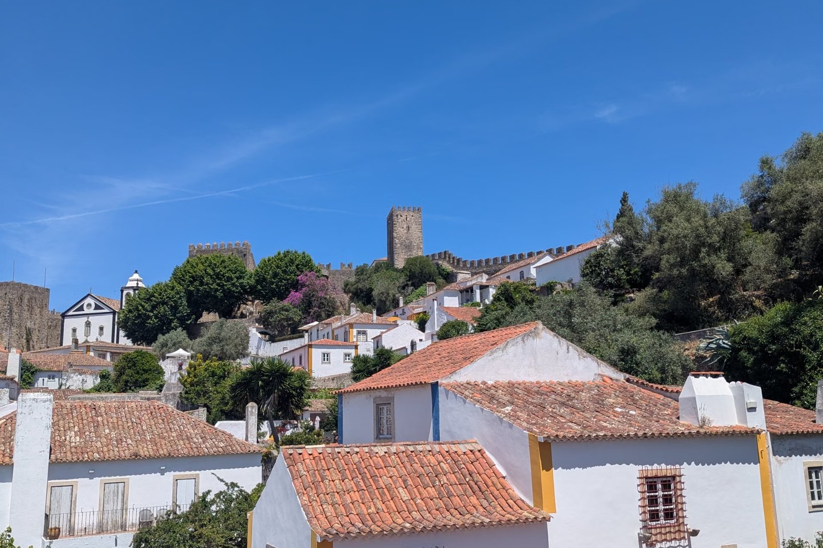 Whitewashed houses and castle walls of Óbidos, the last stop on the Fátima tour from Lisbon